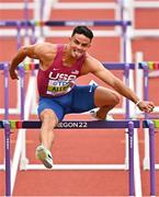 16 July 2022; Devon Allen of USA on his way to winning his men's 110m hurdles heat during day two of the World Athletics Championships at Hayward Field in Eugene, Oregon, USA. Photo by Sam Barnes/Sportsfile