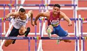 16 July 2022; Devon Allen of USA, right, on his way to winning his men's 110m hurdles heat, ahead of Milan Trajkovic of Cyprus, left, who finished second, during day two of the World Athletics Championships at Hayward Field in Eugene, Oregon, USA. Photo by Sam Barnes/Sportsfile