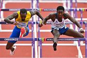 16 July 2022; Just Kwaou-Mathey of France, right, and Shane Brathwaite of Barbados, left, compete in the men's 110m hurdles heats during day two of the World Athletics Championships at Hayward Field in Eugene, Oregon, USA. Photo by Sam Barnes/Sportsfile