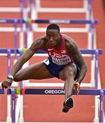 16 July 2022; Grant Holloway of USA on his way to winning his men's 110m hurdles heat during day two of the World Athletics Championships at Hayward Field in Eugene, Oregon, USA. Photo by Sam Barnes/Sportsfile