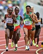 16 July 2022; Letesenbet Gidey of Ethiopia, right on her way to winning the women's 10,000m final, ahead of Hellen Obiri of Kenya, left, who finished second, during day two of the World Athletics Championships at Hayward Field in Eugene, Oregon, USA. Photo by Sam Barnes/Sportsfile