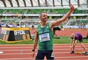16 July 2022; Thomas Barr of Ireland celebrates after finishing second in his men's 400m hurdles heat during day two of the World Athletics Championships at Hayward Field in Eugene, Oregon, USA. Photo by Sam Barnes/Sportsfile