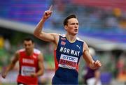 16 July 2022; Karsten Warholm of Norway celebrates winning his men's 400m hurdles heat during day two of the World Athletics Championships at Hayward Field in Eugene, Oregon, USA. Photo by Sam Barnes/Sportsfile