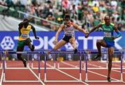 16 July 2022; Athletes, from left, Kemar Mowatt of Jamaica, Wilfried Happio of France, and Alison dos Santos of Brazil, competing in the men's 400m hurdles heats during day two of the World Athletics Championships at Hayward Field in Eugene, Oregon, USA. Photo by Sam Barnes/Sportsfile