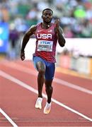 16 July 2022; Trayvon Bromell of USA on his way to finishing second in the men's 100m semi-final during day two of the World Athletics Championships at Hayward Field in Eugene, Oregon, USA. Photo by Sam Barnes/Sportsfile