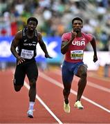 16 July 2022; Fred Kerley of USA on his way to winning his men's 100m semi-final from Edward Osei-Nketia of New Zealand during day two of the World Athletics Championships at Hayward Field in Eugene, Oregon, USA. Photo by Sam Barnes/Sportsfile
