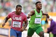 16 July 2022; Marvin Bracy of USA beats Favour Oghene Tejiri Ashe of Nigeria in the men's 100m semi-final during day two of the World Athletics Championships at Hayward Field in Eugene, Oregon, USA. Phoot by Sam Barnes/Sportsfile