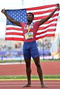 16 July 2022; Fred Kerley of USA celebrates winning gold in the men's 100m final during day two of the World Athletics Championships at Hayward Field in Eugene, Oregon, USA. Photo by Sam Barnes/Sportsfile