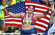 16 July 2022; Chase Ealey of USA celebrates winning gold in the women's Shot Put final during day two of the World Athletics Championships at Hayward Field in Eugene, Oregon, USA. Photo by Sam Barnes/Sportsfile