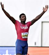 16 July 2022; Fred Kerley of USA celebrates winning the men's 100m final during day two of the World Athletics Championships at Hayward Field in Eugene, Oregon, USA. Photo by Sam Barnes/Sportsfile