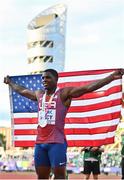 16 July 2022; Marvin Bracy of USA celebrates winning silver in the men's 100m final during day two of the World Athletics Championships at Hayward Field in Eugene, Oregon, USA. Photo by Sam Barnes/Sportsfile