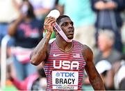 16 July 2022; Marvin Bracy of USA celebrates after winning silver in the men's 100m final during day two of the World Athletics Championships at Hayward Field in Eugene, Oregon, USA. Photo by Sam Barnes/Sportsfile