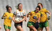 16 July 2022; Orlagh Lally of Meath in action against Shelly Twohig of Donegal during the TG4 All-Ireland Ladies Football Senior Championship Semi-Final match between Donegal and Meath at Croke Park in Dublin. Photo by Stephen McCarthy/Sportsfile