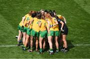 16 July 2022; Donegal players huddle before the TG4 All-Ireland Ladies Football Senior Championship Semi-Final match between Donegal and Meath at Croke Park in Dublin. Photo by Stephen McCarthy/Sportsfile