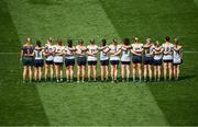 16 July 2022; Meath players stand for the playing of the National Anthem before the TG4 All-Ireland Ladies Football Senior Championship Semi-Final match between Donegal and Meath at Croke Park in Dublin. Photo by Stephen McCarthy/Sportsfile