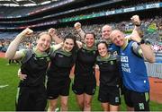 16 July 2022; Kerry management, from left, mentor Geraldine O'Shea, sports psychollogist Michelle O'Connor, mentor Anna Maria O'Donoghue, strength and conditioning coach Cassandra Buckley, and joint-managers Declan Quill and Darragh Long, right, celebrate after the TG4 All-Ireland Ladies Football Senior Championship Semi-Final match between Kerry and Mayo at Croke Park in Dublin. Photo by Stephen McCarthy/Sportsfile