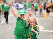 17 July 2022; Conor Nash, age 9, with his sister Áine, age 7, from Knockaderry in Limerick before the GAA Hurling All-Ireland Senior Championship Final match between Kilkenny and Limerick at Croke Park in Dublin. Photo by Stephen McCarthy/Sportsfile