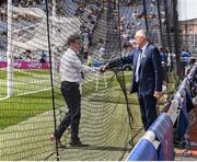 17 July 2022; Uachtarán Chumann Lúthchleas Gael Larry McCarthy wishes referee Colm Lyons luck ahead of the GAA Hurling All-Ireland Senior Championship Final match between Kilkenny and Limerick at Croke Park in Dublin. Photo by Daire Brennan/Sportsfile