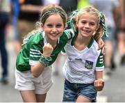 17 July 2022; Limerick supporters Gracie-Mae Fabier, aged 6, left, and Carly Naughton, aged 6, from Dromcollogher, Co Limerick, ahead of the GAA Hurling All-Ireland Senior Championship Final match between Kilkenny and Limerick at Croke Park in Dublin. Photo by Daire Brennan/Sportsfile