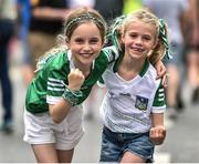 17 July 2022; Limerick supporters Gracie-Mae Fabier, aged 6, left, and Carly Naughton, aged 6, from Dromcollogher, Co Limerick, ahead of the GAA Hurling All-Ireland Senior Championship Final match between Kilkenny and Limerick at Croke Park in Dublin. Photo by Daire Brennan/Sportsfile
