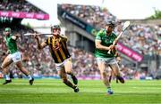 17 July 2022; Graeme Mulcahy of Limerick in action against Mikey Butler of Kilkenny during the GAA Hurling All-Ireland Senior Championship Final match between Kilkenny and Limerick at Croke Park in Dublin. Photo by Stephen McCarthy/Sportsfile