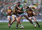 17 July 2022; Gearóid Hegarty of Limerick in action against Paddy Deegan, left, and Michael Carey of Kilkenny during the GAA Hurling All-Ireland Senior Championship Final match between Kilkenny and Limerick at Croke Park in Dublin. Photo by Piaras Ó Mídheach/Sportsfile