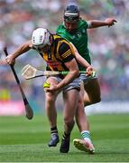 17 July 2022; Michael Carey of Kilkenny in action against Gearóid Hegarty of Limerick during the GAA Hurling All-Ireland Senior Championship Final match between Kilkenny and Limerick at Croke Park in Dublin. Photo by Piaras Ó Mídheach/Sportsfile