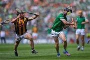 17 July 2022; Graeme Mulcahy of Limerick shoots under pressure from Mikey Butler of Kilkenny during the GAA Hurling All-Ireland Senior Championship Final match between Kilkenny and Limerick at Croke Park in Dublin. Photo by Piaras Ó Mídheach/Sportsfile