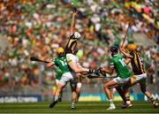 17 July 2022; Michael Carey of Kilkenny and Kyle Hayes of Limerick contest the throw-in during the GAA Hurling All-Ireland Senior Championship Final match between Kilkenny and Limerick at Croke Park in Dublin. Photo by Eóin Noonan/Sportsfile
