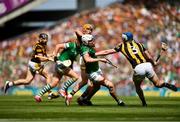 17 July 2022; Aaron Gillane of Limerick is tackled by Huw Lawlor of Kilkenny during the GAA Hurling All-Ireland Senior Championship Final match between Kilkenny and Limerick at Croke Park in Dublin. Photo by Eóin Noonan/Sportsfile