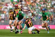17 July 2022; Kyle Hayes of Limerick is tackled by Paddy Deegan of Kilkenny during the GAA Hurling All-Ireland Senior Championship Final match between Kilkenny and Limerick at Croke Park in Dublin. Photo by Eóin Noonan/Sportsfile
