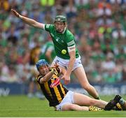 17 July 2022; John Donnelly of Kilkenny in action against William O'Donoghue of Limerick during the GAA Hurling All-Ireland Senior Championship Final match between Kilkenny and Limerick at Croke Park in Dublin. Photo by Ramsey Cardy/Sportsfile