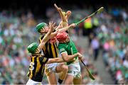 17 July 2022; Eoin Cody, left, and Martin Keoghan of Kilkenny in action against Barry Nash of Limerick during the GAA Hurling All-Ireland Senior Championship Final match between Kilkenny and Limerick at Croke Park in Dublin. Photo by Stephen McCarthy/Sportsfile
