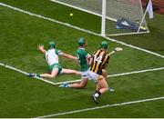 17 July 2022; Martin Keoghan of Kilkenny scores his side's second goal, past Limerick goalkeeper Nickie Quaid during the GAA Hurling All-Ireland Senior Championship Final match between Kilkenny and Limerick at Croke Park in Dublin. Photo by Daire Brennan/Sportsfile