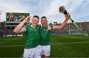 17 July 2022; William O'Donoghue, left, and Gearóid Hegarty of Limerick celebrate after the GAA Hurling All-Ireland Senior Championship Final match between Kilkenny and Limerick at Croke Park in Dublin. Photo by Ramsey Cardy/Sportsfile