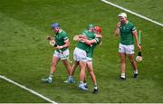 17 July 2022; Limerick players, left to right, Mike Casey, Seán Finn, Barry Nash and Kyle Hayes celebrate after the GAA Hurling All-Ireland Senior Championship Final match between Kilkenny and Limerick at Croke Park in Dublin. Photo by Daire Brennan/Sportsfile
