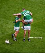 17 July 2022; Limerick players, left to right, Peter Casey, Aaron Gillane, and Oisín O'Reilly celebrate after the GAA Hurling All-Ireland Senior Championship Final match between Kilkenny and Limerick at Croke Park in Dublin. Photo by Daire Brennan/Sportsfile