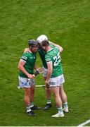 17 July 2022; Limerick players, left to right, Peter Casey, Aaron Gillane, and Oisín O'Reilly celebrate after the GAA Hurling All-Ireland Senior Championship Final match between Kilkenny and Limerick at Croke Park in Dublin. Photo by Daire Brennan/Sportsfile