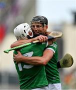 17 July 2022; Gearóid Hegarty, right, and Aaron Gillane of Limerick celebrate after their side's victory in the GAA Hurling All-Ireland Senior Championship Final match between Kilkenny and Limerick at Croke Park in Dublin. Photo by Seb Daly/Sportsfile