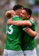 17 July 2022; Seán Finn of Limerick celebrates with teammate Aaron Gillane after the GAA Hurling All-Ireland Senior Championship Final match between Kilkenny and Limerick at Croke Park in Dublin. Photo by Eóin Noonan/Sportsfile