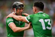 17 July 2022; Diarmaid Byrnes of Limerick celebrates with teammate Aaron Gillane after the GAA Hurling All-Ireland Senior Championship Final match between Kilkenny and Limerick at Croke Park in Dublin. Photo by Eóin Noonan/Sportsfile