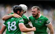 17 July 2022; Limerick players, from left, Peter Casey, Aaron Gillane and Oisín O'Reilly celebrate after their side's victory in the GAA Hurling All-Ireland Senior Championship Final match between Kilkenny and Limerick at Croke Park in Dublin. Photo by Seb Daly/Sportsfile