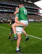 17 July 2022; Seán Finn, left, and Aaron Gillane of Limerick embrace after their side's victory in the GAA Hurling All-Ireland Senior Championship Final match between Kilkenny and Limerick at Croke Park in Dublin. Photo by Harry Murphy/Sportsfile