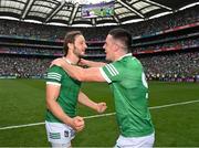 17 July 2022; Tom Morrissey and Darragh O'Donovan of Limerick embrace after their side's victory in the GAA Hurling All-Ireland Senior Championship Final match between Kilkenny and Limerick at Croke Park in Dublin. Photo by Harry Murphy/Sportsfile
