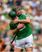 17 July 2022; Diarmaid Byrnes of Limerick with teammate Seán Finn after the GAA Hurling All-Ireland Senior Championship Final match between Kilkenny and Limerick at Croke Park in Dublin. Photo by Eóin Noonan/Sportsfile