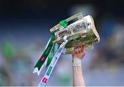 17 July 2022; The Liam MacCarthy Cup is held aloft during the celebrations after the GAA Hurling All-Ireland Senior Championship Final match between Kilkenny and Limerick at Croke Park in Dublin. Photo by Piaras Ó Mídheach/Sportsfile