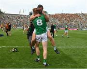 17 July 2022; William O'Donoghue of Limerick, 8, and Tom Morrissey celebrate after their side's victory in the GAA Hurling All-Ireland Senior Championship Final match between Kilkenny and Limerick at Croke Park in Dublin. Photo by Harry Murphy/Sportsfile
