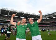 17 July 2022; Graeme Mulcahy, left, and Seán Finn of Limerick celebrate after their side's victory in the GAA Hurling All-Ireland Senior Championship Final match between Kilkenny and Limerick at Croke Park in Dublin. Photo by Harry Murphy/Sportsfile