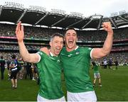 17 July 2022; Graeme Mulcahy, left, and Seán Finn of Limerick celebrate after their side's victory in the GAA Hurling All-Ireland Senior Championship Final match between Kilkenny and Limerick at Croke Park in Dublin. Photo by Harry Murphy/Sportsfile