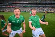 17 July 2022; Mike Casey, left, and Peter Casey of Limerick celebrate after the GAA Hurling All-Ireland Senior Championship Final match between Kilkenny and Limerick at Croke Park in Dublin. Photo by Stephen McCarthy/Sportsfile